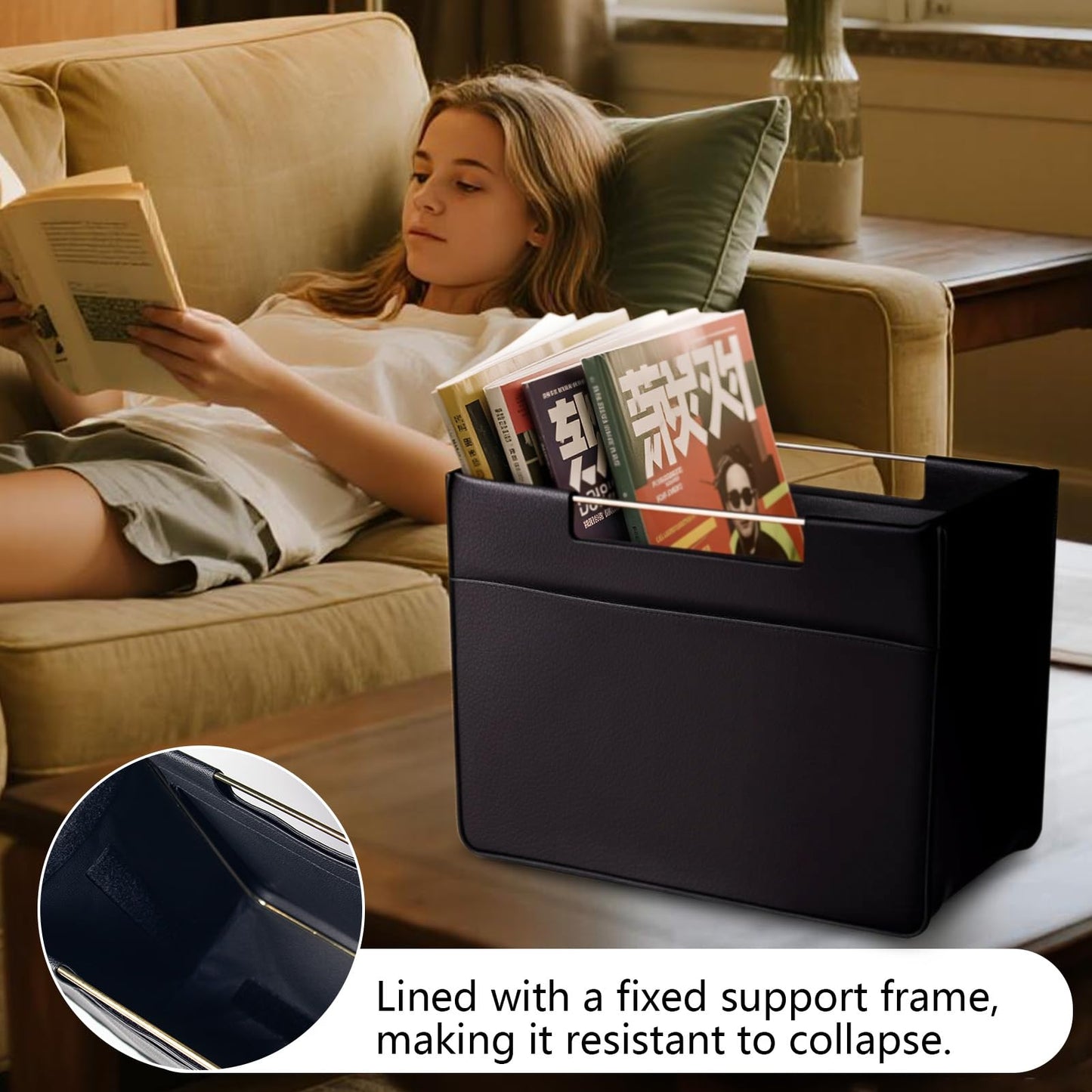 Craftmastudio Leather Magazine Holder Foldable with Handles,Stable Magazine Rack Floor,Magazine Basket File Holder Storage,Document File Folder Organizer Free Standing for Office Living Room (black)