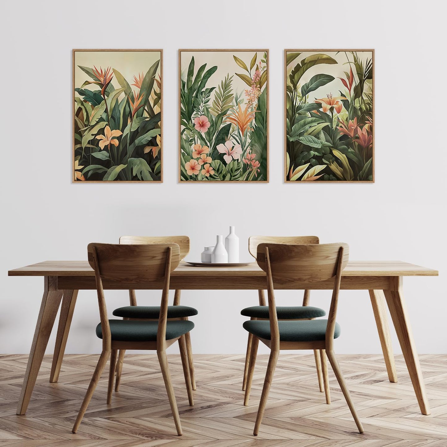 HLNIUC Boho Tropical Leaves Wall Art,Modern Abstract Floral Canvas Wall Decor Set of 3(16”x24”) Green Plant Banana Leaf Painting,Tropical Botanical Jungle Art Print for Living Room,Bedroom,Office