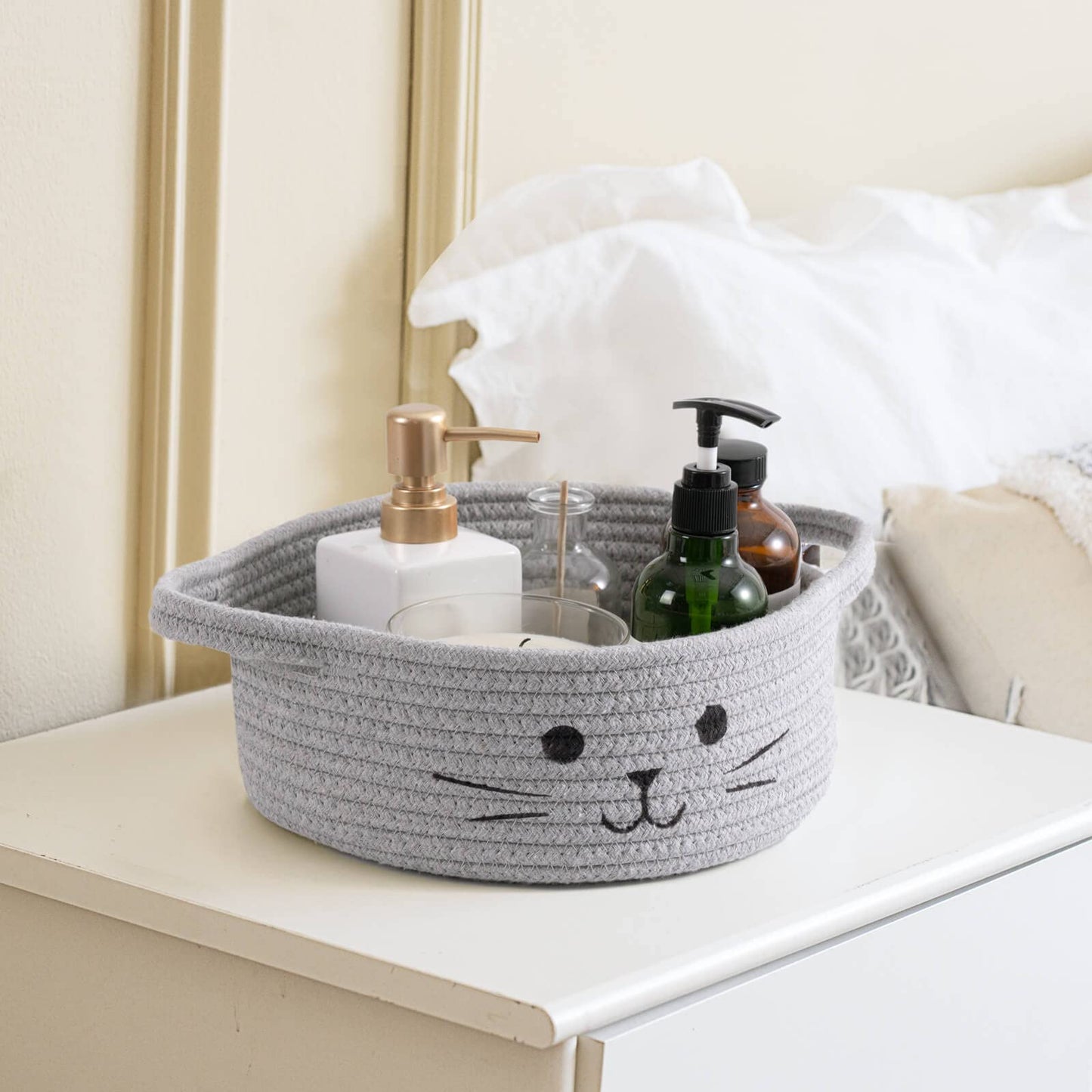 HiChen Small Woven Rope Storage Basket, Cute Cat Toy Basket for Living Room, Baby Baskets for Nursery, Gift Baskets Empty for Baby Shower, Grey, 9.8 x 4 inches