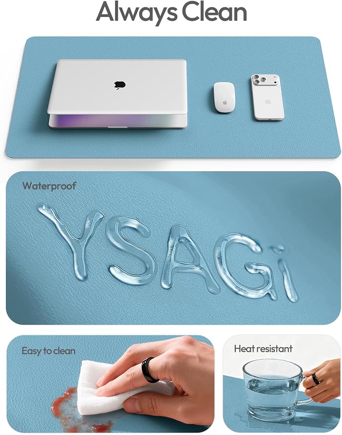 YSAGi Leather Desk Pad Protector, Office Desk Mat, Large Mouse Pad, Non-Slip PU Leather Desk Blotter, Laptop Desk Pad, Waterproof Desk Writing Pad for Office and Home (Sea Blue,55" x 17.2")