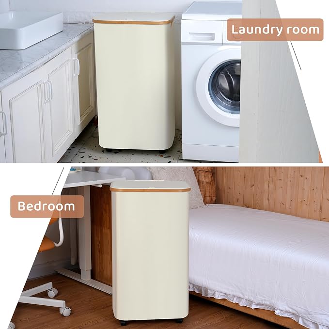 Laundry Hamper with Wheels,110L Laundry Basket with lid Rolling Clothes Basket Foldable Dirty Clothes Hamper on wheels with Bamboo Frame and Bag for Bedroom, Dorm, Laundry Room,Beige(29 Gal)