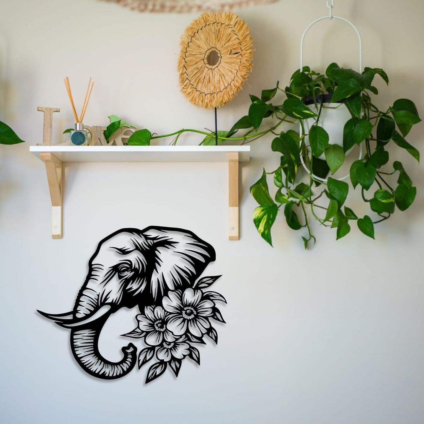 LIYOUYA Elephant Flower Metal Wall Decor - Rustic Farmhouse Room Decor Simple Black Wall Art Home Decor for Living Room, Bedroom, Dining Room, Garden, Courtyard (Black)