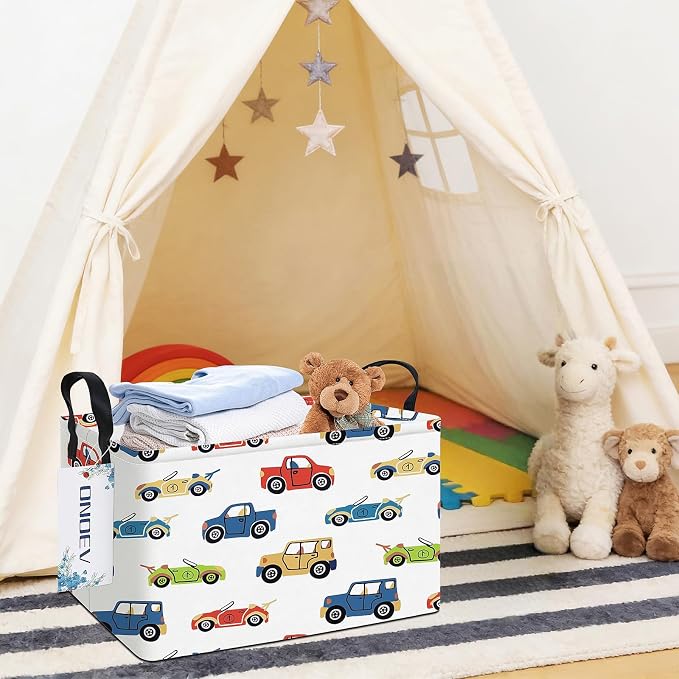Rectangular Cartoon Car Pattern Storage Bin, Decorative Canvas Laundry Basket with Dual Handles, Foldable Household Toy Organizer, Multipurpose Party Gift Basket for Bedroom Dorm (Car)