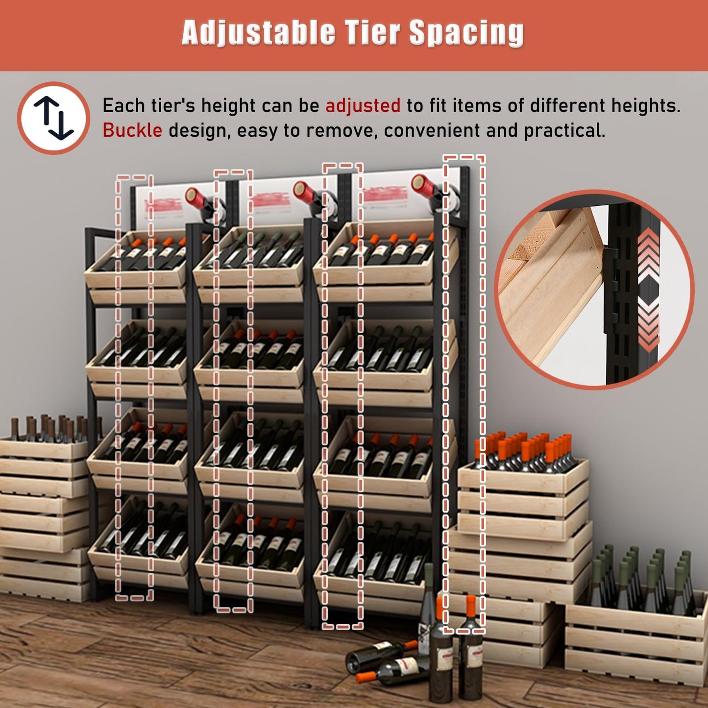 Rolling Kitchen Organizer Cart - Storage Rack with Wire Baskets.4-Tier Fruit & Vegetable Display Stand - Wooden Basket Market Shelf for Retail & Pantry - Large Capacity Snack Organizer for G
