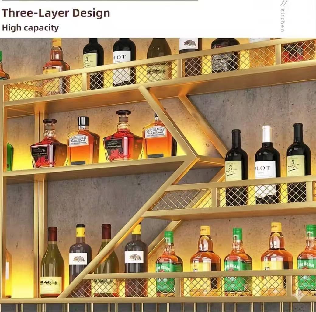 79in Wall Mounted Liquor Shelves with LED Lights, Industrial Metal Wall Bar Rack with Wine Glass Holder, Large Bottle Display Shelf for Home Kitchen (Gold)