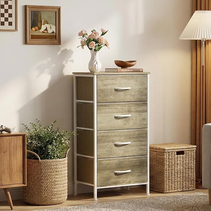 Sweetcrispy 4-Drawer Fabric Dresser Storage Tower Nightstand Chest | Small bedroom dresser and nightstand with sturdy frame,Perfect for closet,entryway,dorm,Easy assembly,Oak Greige