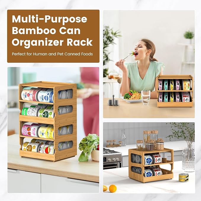 Teamkio Stackable Bamboo Cat Food Organizer, 2-Tier Adjustable FIFO Can Dispenser Space-Saving Storage, Holds Up to 36 Cans - Ideal for Pantry, Cabinet, Countertop