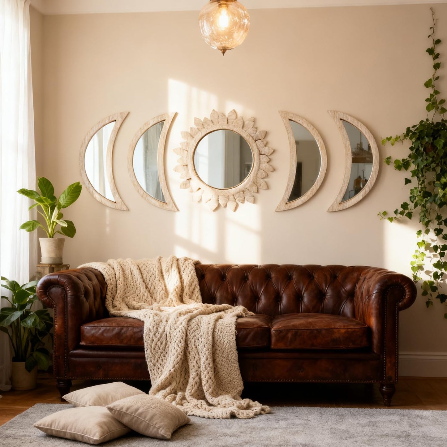 Cpcdaosk 5 Pieces Moon Phase Mirror Wall-Mounted Wall Decor Mirrors Natural Wooden Sunburst Bohemian Wall Art for Home Living Room Bedroom Decoration