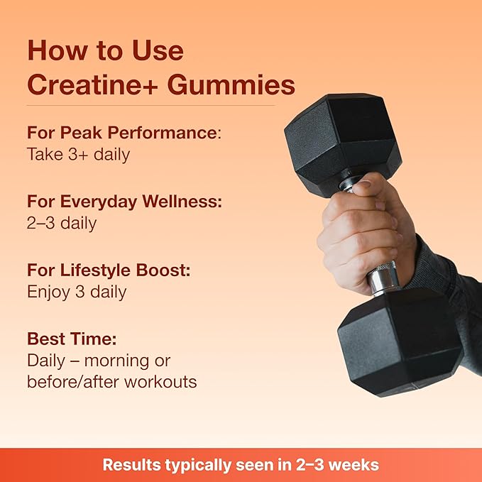 Creatine Gummies for Men & Women - Creatine Monohydrate, L-Theanine, L-Tyrosine & B12 for Muscle Growth, Strength, and Focus, Peach Mango, 2 Pack