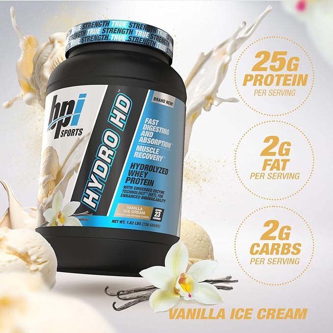 BPI Sports Hydro HD - 100% Hydrolyzed Whey Protein Powder - Muscle Growth, Recovery, 25g of Hydrolyzed Protein, Low Carb, Low Sugar, Fast Absorbing (68 Servings, Vanilla Ice Cream)