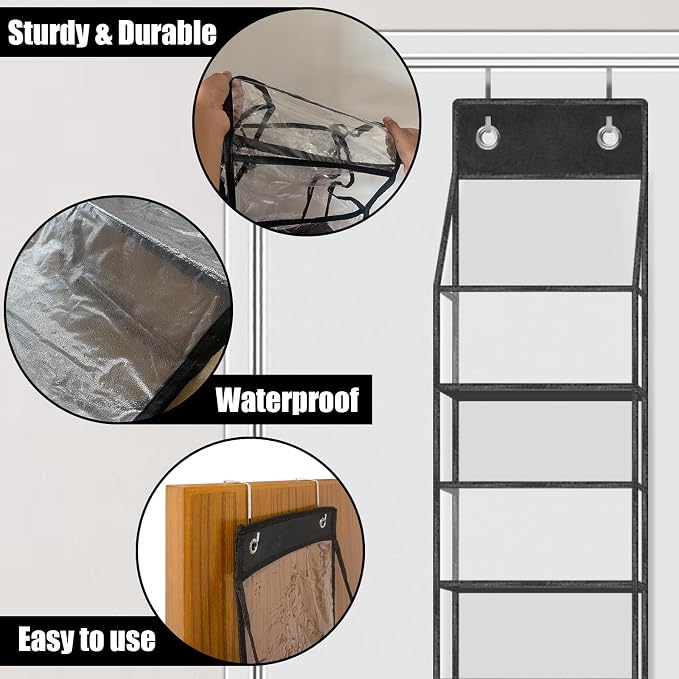 5-Shelf Over The Door Pantry Organizer with Clear Pockets, Heavy Duty Hanging Storage for Closet, Bedroom, Bathroom, and Nursery (Black, Holds up to 28 lbs)