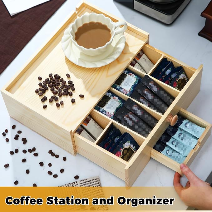 Cinnvoice Tea Bag Organizer Wood Tea Organizer Storage Box 8 Compartments Container Holder with Lid to Storage and Keep Fresh(Brown)