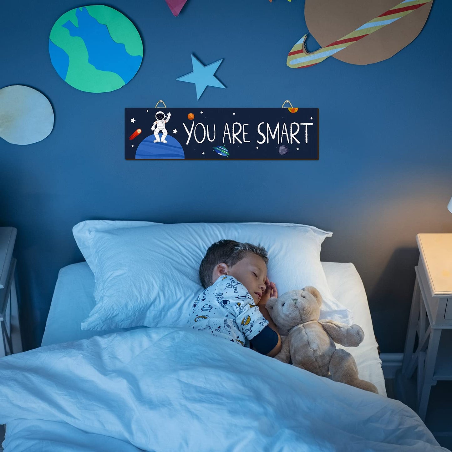 Chunful 4 Pcs Wooden Space Classroom Decor Outer Space Classroom Decorations Inspirational Wall Decor Astronaut Room Decorations Spaceman Galaxy Posters for Boy Room Bedroom Nursery