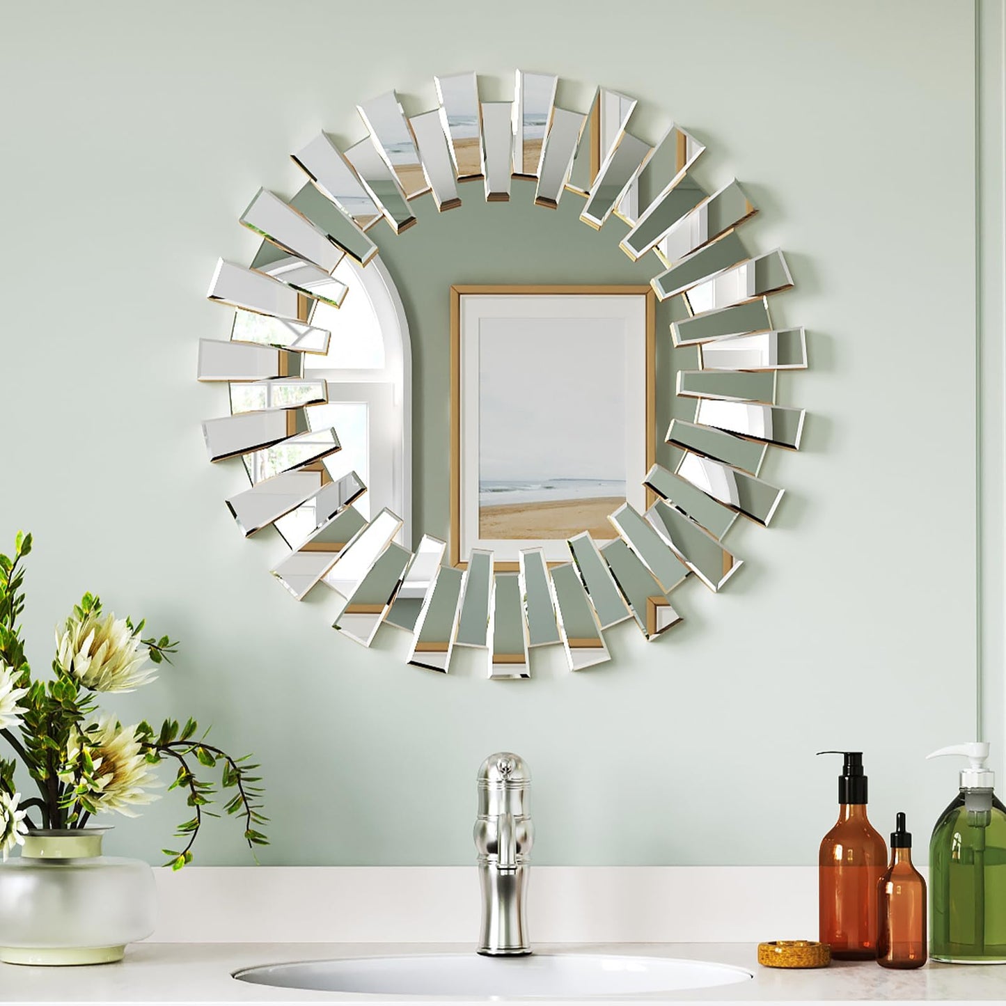 Uniclinens Gold Sunburst Mirror 26" - Decorative Wall Mirror Large, Round Modern Bohemian Sun Decor for Bedroom Living Room Hallway Bathroom Entrance