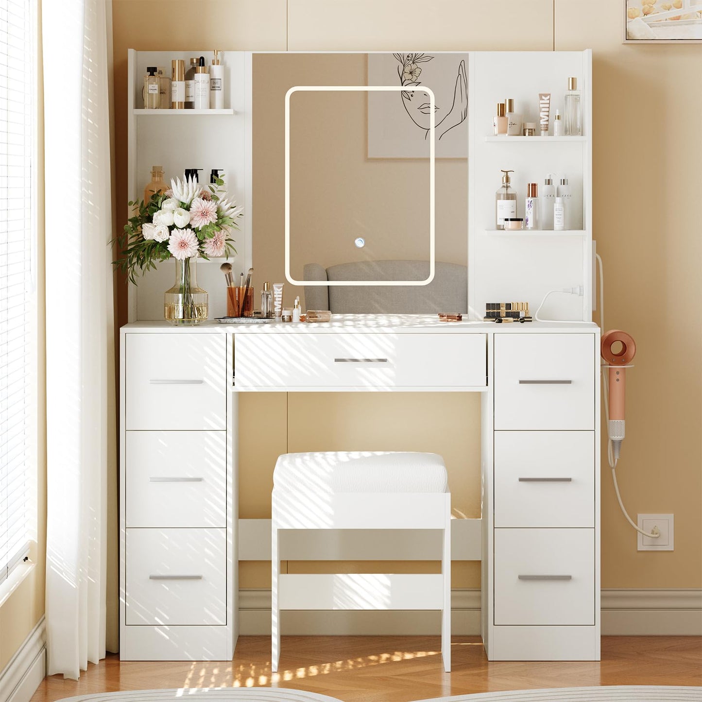 GarveeLife 7-Drawer Vanity Desk with Lights and Mirror – White Makeup Vanity Set with Power Outlets & USB, 3 Color LED Modes & Dimmable, Includes Hair Dryer Holder & Cushioned Stool for Bedroom, White