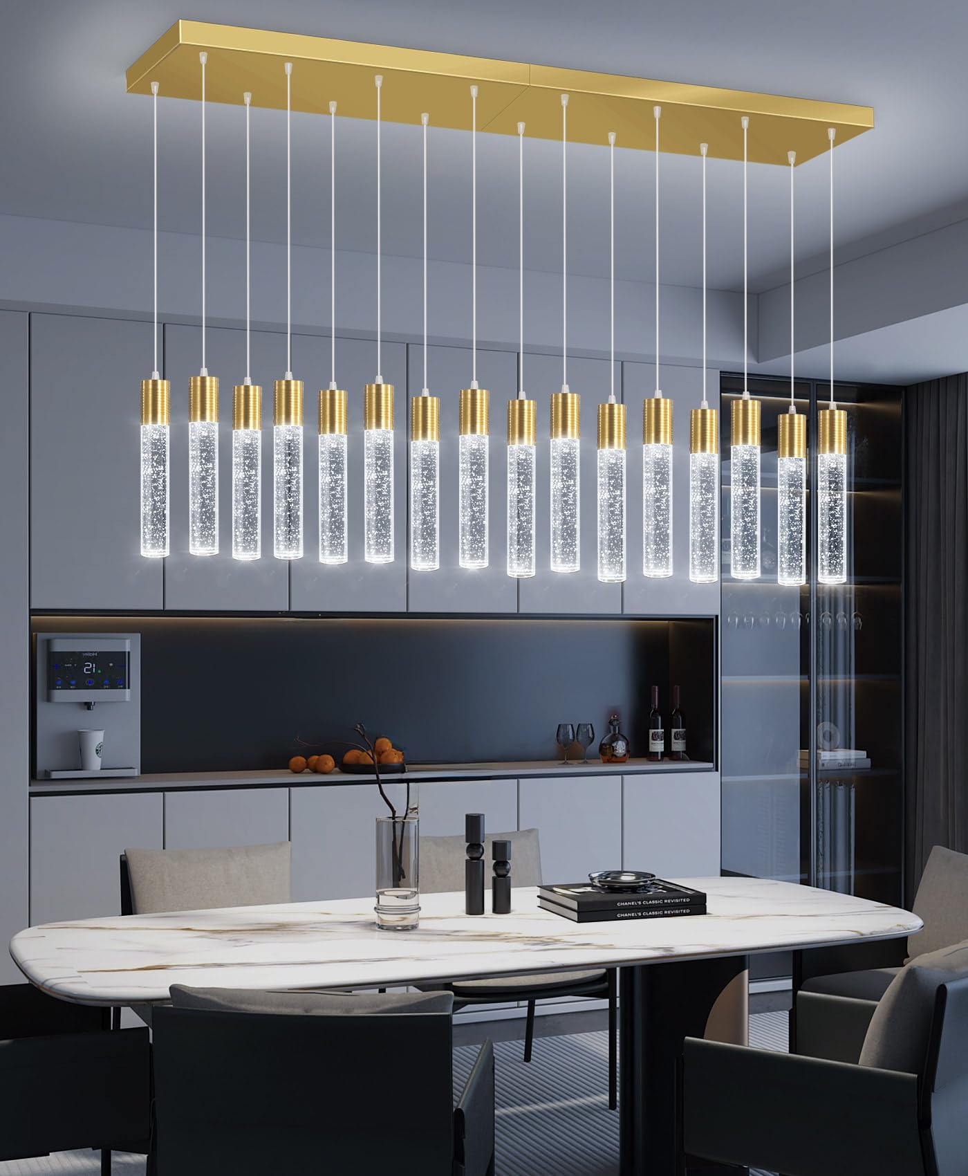 dolria 16-Lights Modern Crystal Rectangular Chandeliers LED Pendant Light for Kitchen Island High Ceiling Chandelier for Dining Room Entrance Foyer Living Room Gold