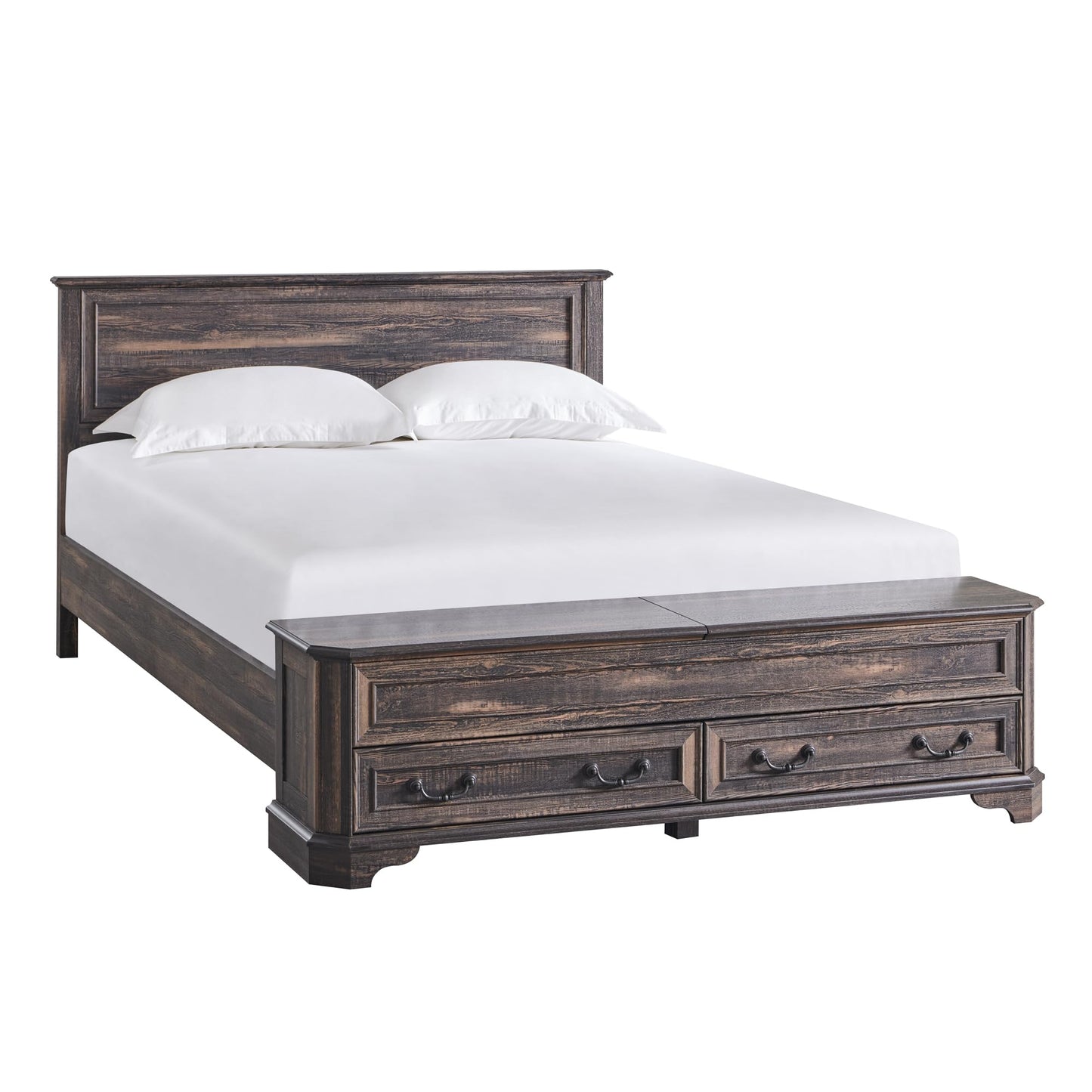 T4TREAM Farmhouse Queen Bed with Headboard and Storage Bench, Rustic Wood Platform Bed with 64" Storage Chest w/ 4 Large Drawer, Dark Rustic Oak