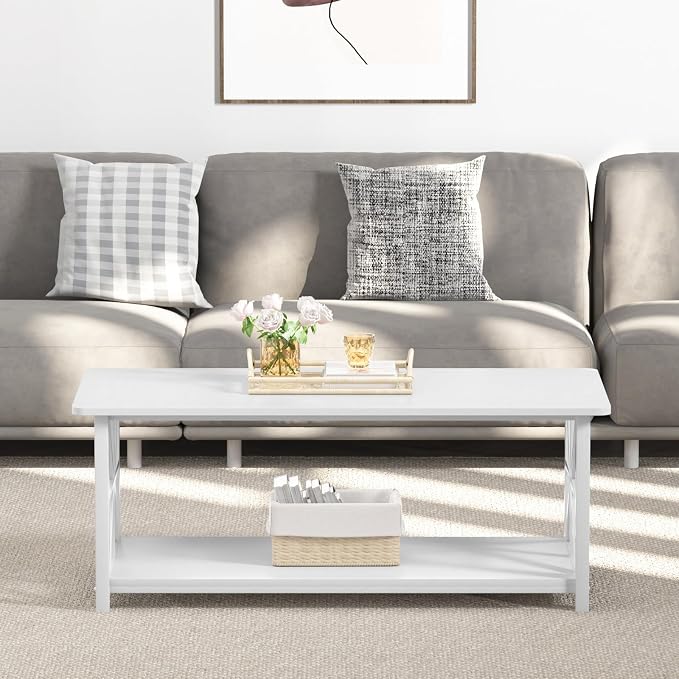 GreenForest Coffee Table for Living Room with Round Corners Farmhouse Style Center Table with Storage Shelf 39 Inch Space Saving Easy Assembly Full White
