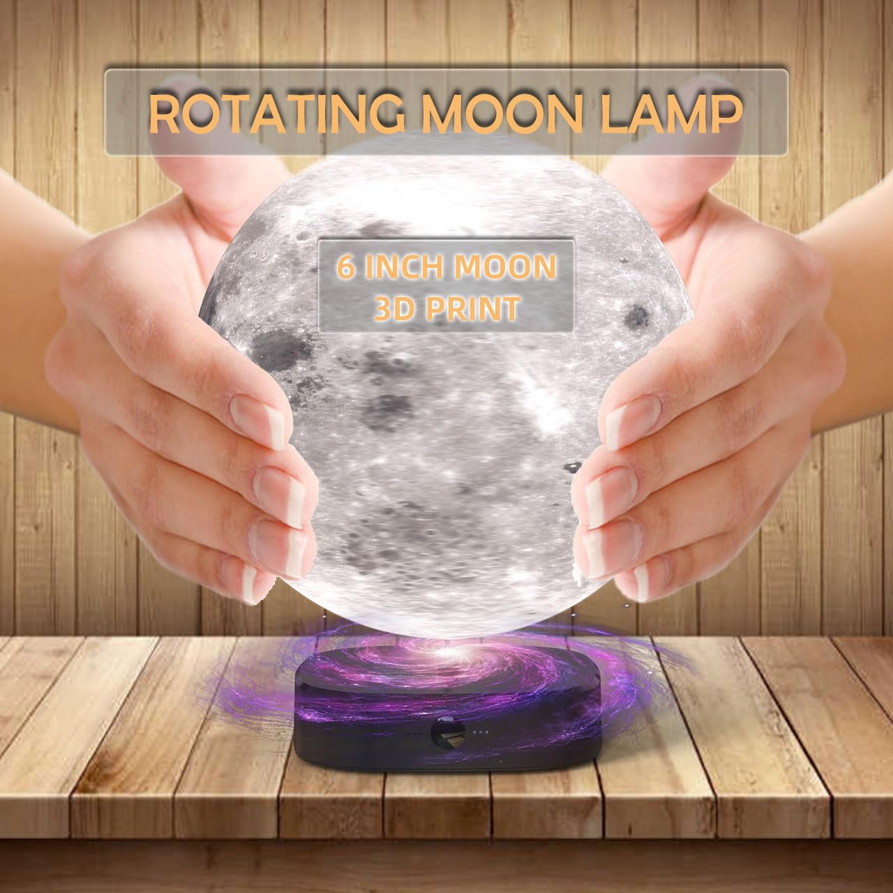 Camdii Moon Lamp, 6 inch 3D Printed Floating Moon lamp, auto Light up with self Rotating, Moon Light lamp for Kids (Black Base)