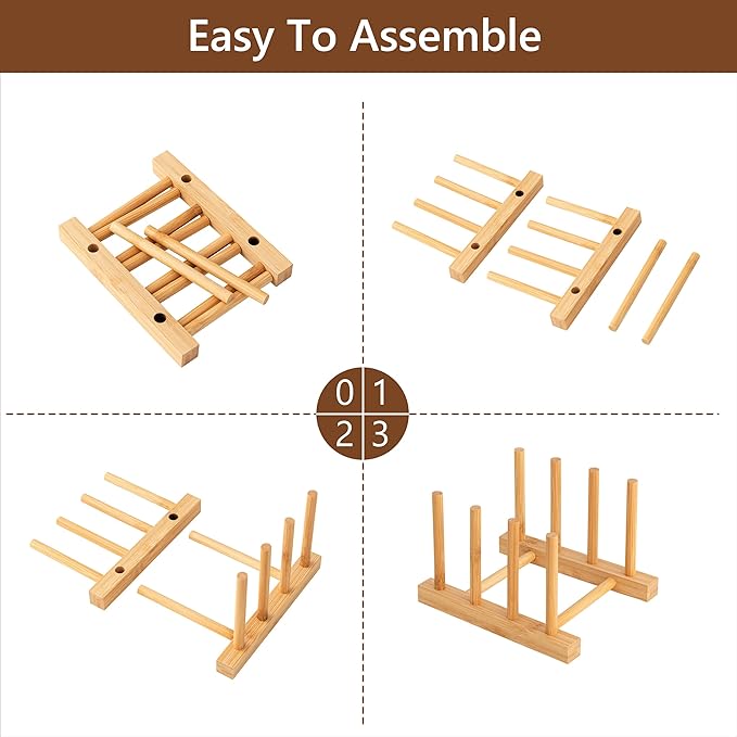 HBlife 4pcs Bamboo Dish Plate Bowl Cup Book Pot Lid Cutting Board Drying Rack Stand Drainer Storage Holder Organizer Kitchen Cabinet(Keep Dry)