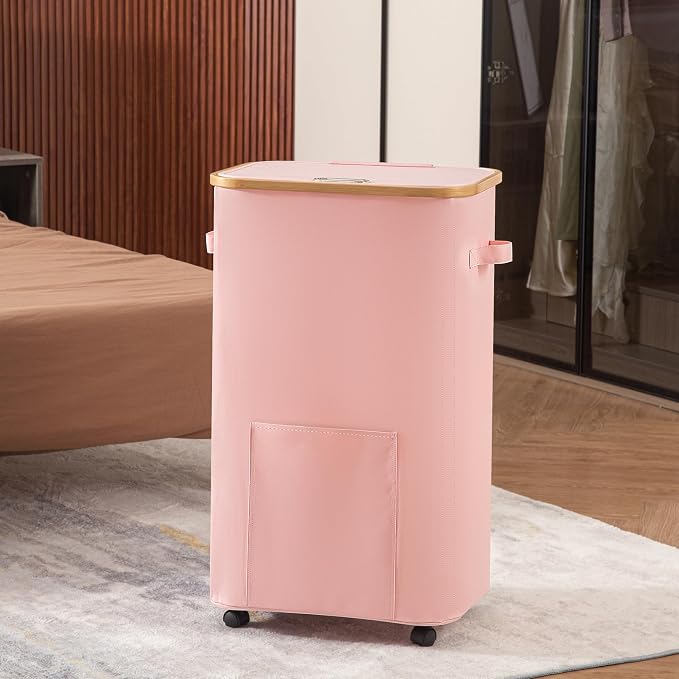 Vincona Laundry Basket with Wheels, Tall Dirty Clothes Hamper on Wheels, Rolling Laundry Hamper with lid for Dorm, Bedroom and Bathroom (Pink, 100L)