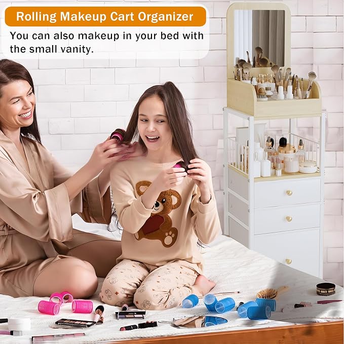 Makeup Organizer Cart with Vanity Mirror, Floor Skincare Organizers Make Up Organizers-Vanity Organizer Cosmetic Display Cases Holder for Skin Care Perfume Nail Polish Brush Hair Tool (White)