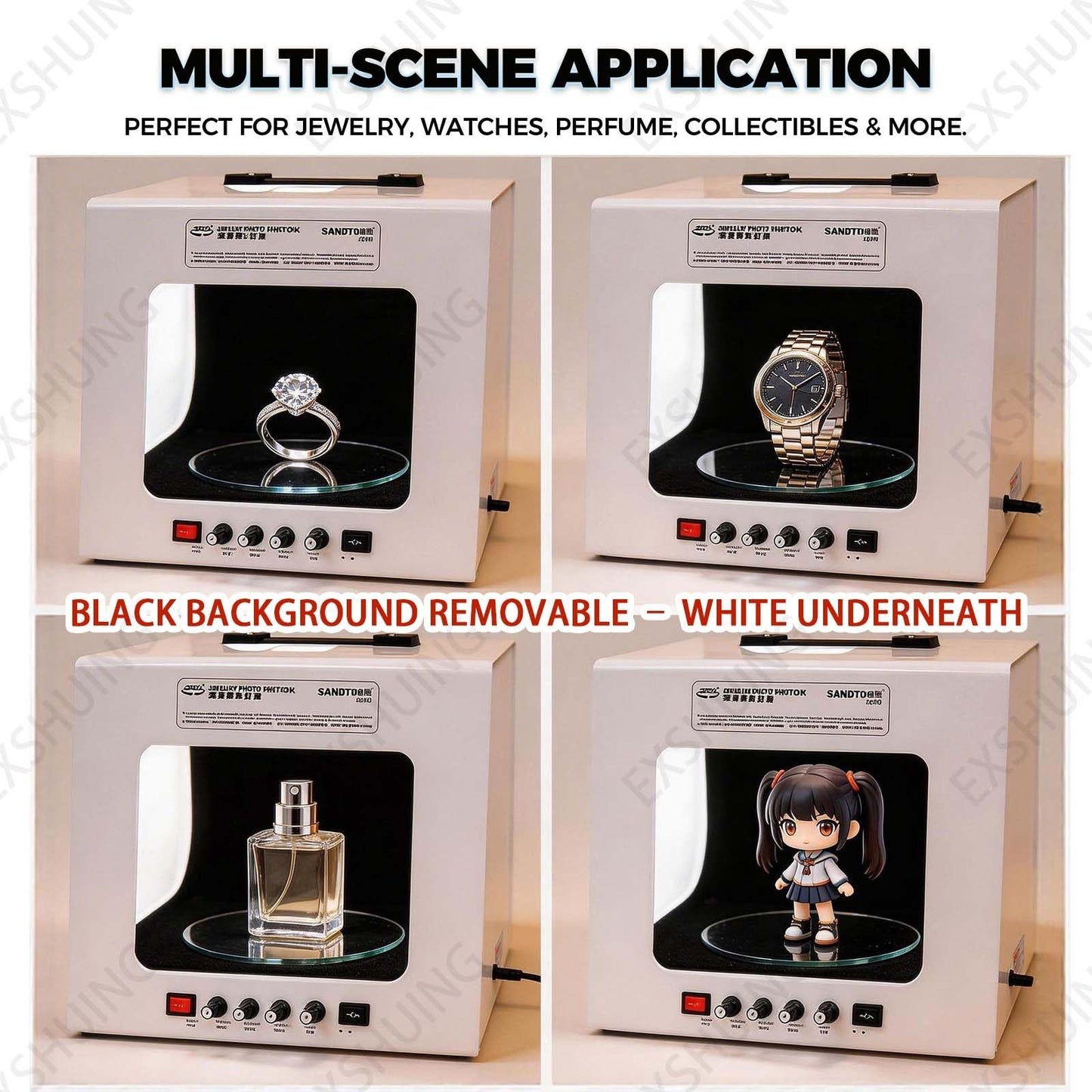 EXSHUING Jewelry Photography Light Box with Turntable, Dimmable Led Photo Tent â 360° Auto-Rotation, 1kg/2.2lbs Load, Hanging Bracket Included, 3000-5500k, CRI>92%, for Stunning Gemstone & Gold(TB30)