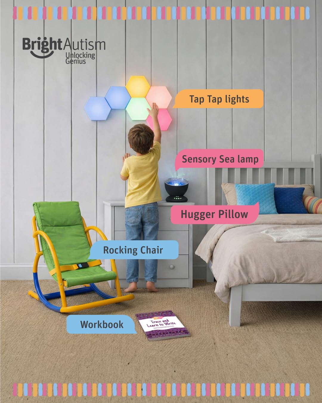 Bright Autism Tap-Tap Touch Sensory Lights – Dimmable Room Lighting for Therapeutic & Educational Play. Visual & Tactile Soothing LED Stimulation. Perfect Addition to Your Child's Bedroom (6pcs)