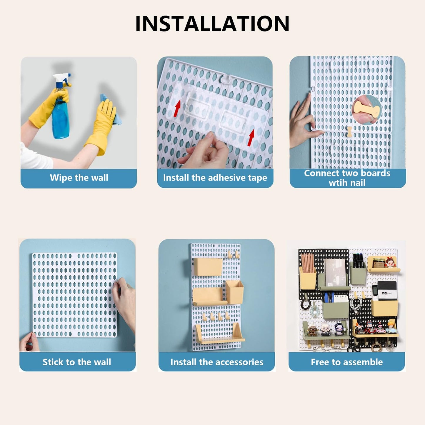 Halyuhn Pegboard Wall Organizer Combination Kit, Wall Organizer with 4 Pegboards and 20 Accessories Hanging, Wall Mounted Peg Board Display Panels for Home and Office - 19.5” x 9.5” (White and Black)