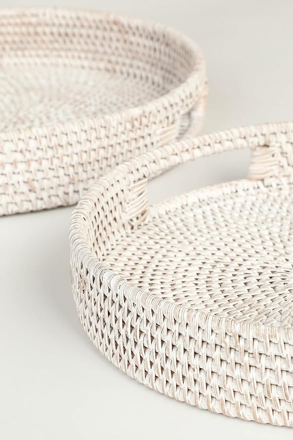 HITOMEN 11.8" Hand-Woven Round Rattan Serving Tray Decorative Wicker Trays with Handles for Coffee Table (Whitewash-M)