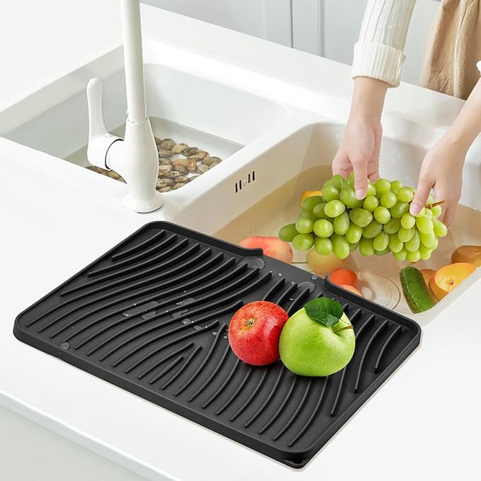 TIKNIK Silicone Dish Drying Mat for Kitchen Counter - Heat Resistant & Non-Slip Dish Drain Pad with Built-In Drain, Dishwasher Safe, Quick-Dry, Hangable & Roll-Up for Storage, Black-1pc, 16" x 12"