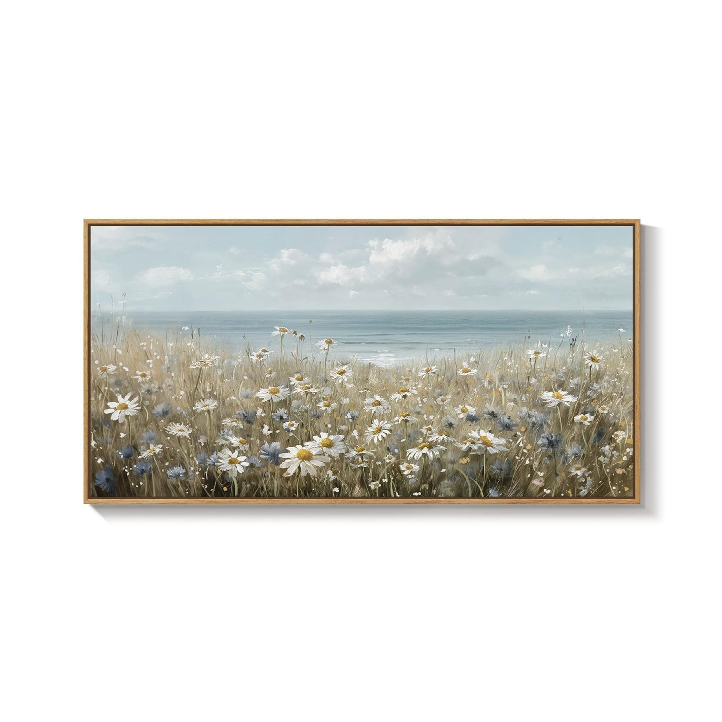Extra Large Framed Coastal Landscape Wall Art for Living Room, Horizontal Wildflower Seascape Canvas Artwork for Walls, Ocean Scenic Picture Print for Dining Room Bedroom Office Wall Decor, 60x30 Inch