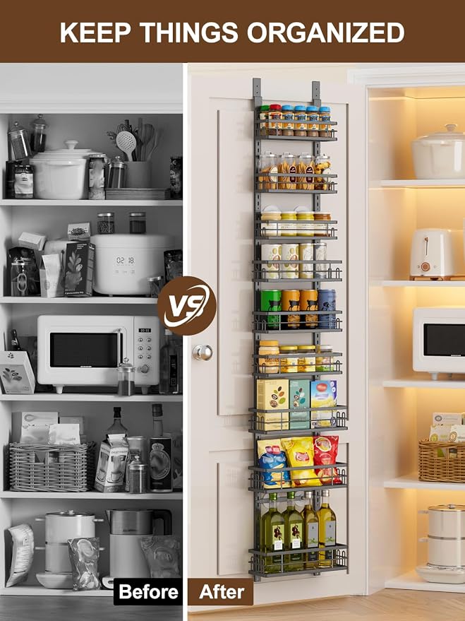 Delamu 9-Tier Over the Door Pantry Organizer, Adjustable Pantry Door Organizers and Storage, Metal Hanging Basket Wall Spice Rack Seasoning Organizer, Door Organizer Kitchen Bedroom Bathroom,12"Black