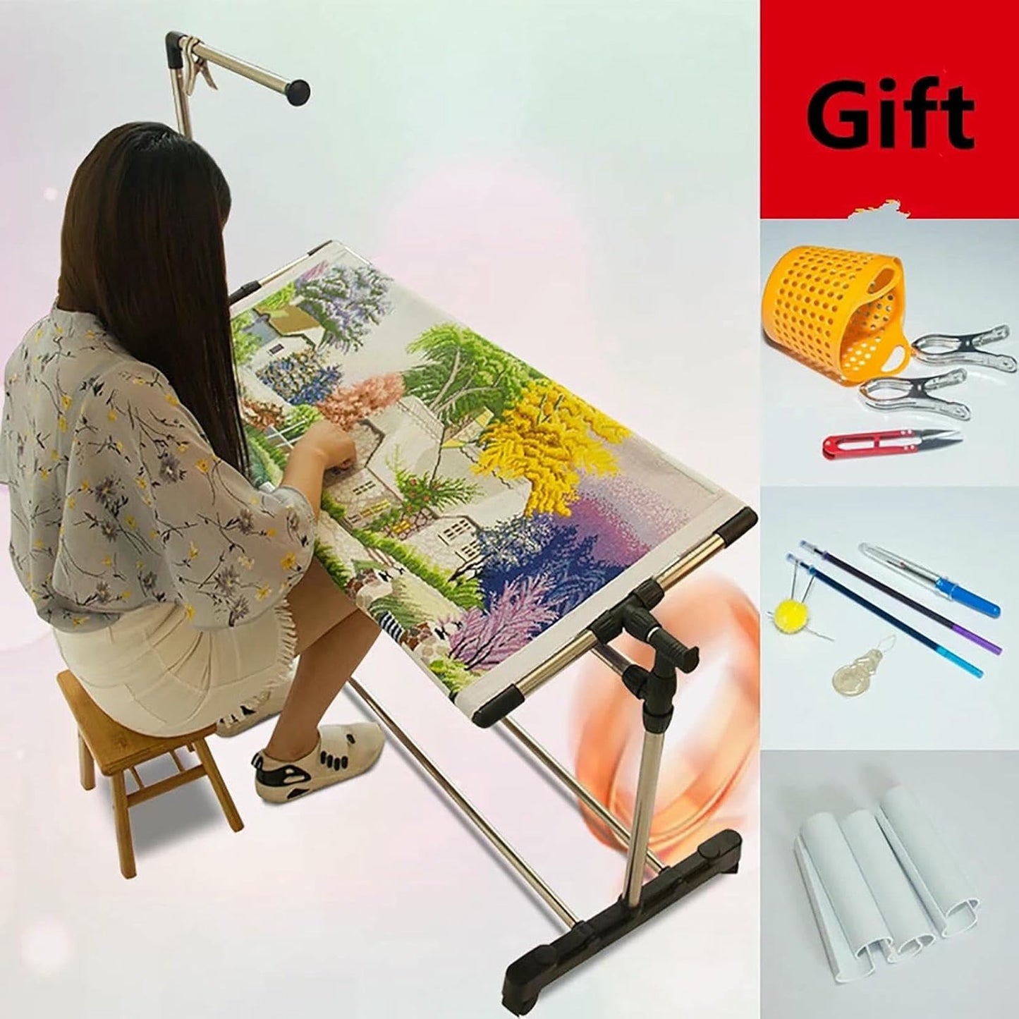 Adjustable Embroidery Stand - Needlework Floor Frame for Cross Stitch Craft, Height Adjustable Lap Table for Art Sewing Holder, Standing Embroidery Tool for Increased Comfort and Precision~/