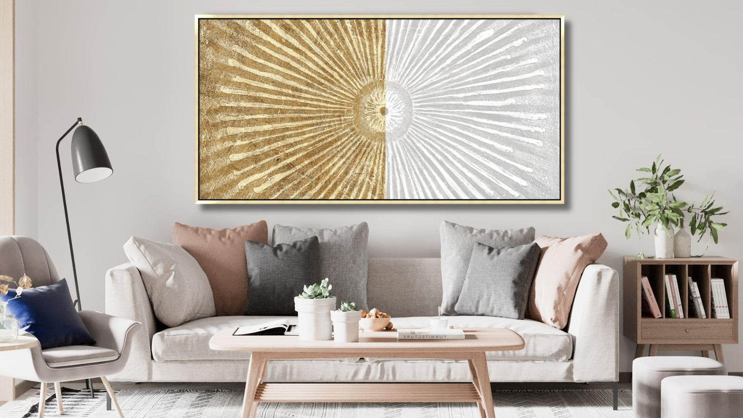 20"x40" Framed Canvas White and Gold Wall Art Symmetrical Line Abstract Modern Wall Decor Art for Living Room Bedroom Bathroom Office Wall Decor
