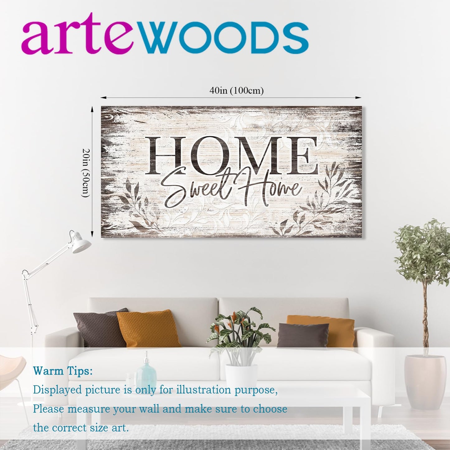 arteWOODS Home Sweet Home Wall Art Sign Large Dark Brown Farmhouse Wall Sign for Living Room Decoration Wooden Board Design Canvas Prints Modern Rustic Artwork Leaf Pictures Wall Decor 20" x 40"