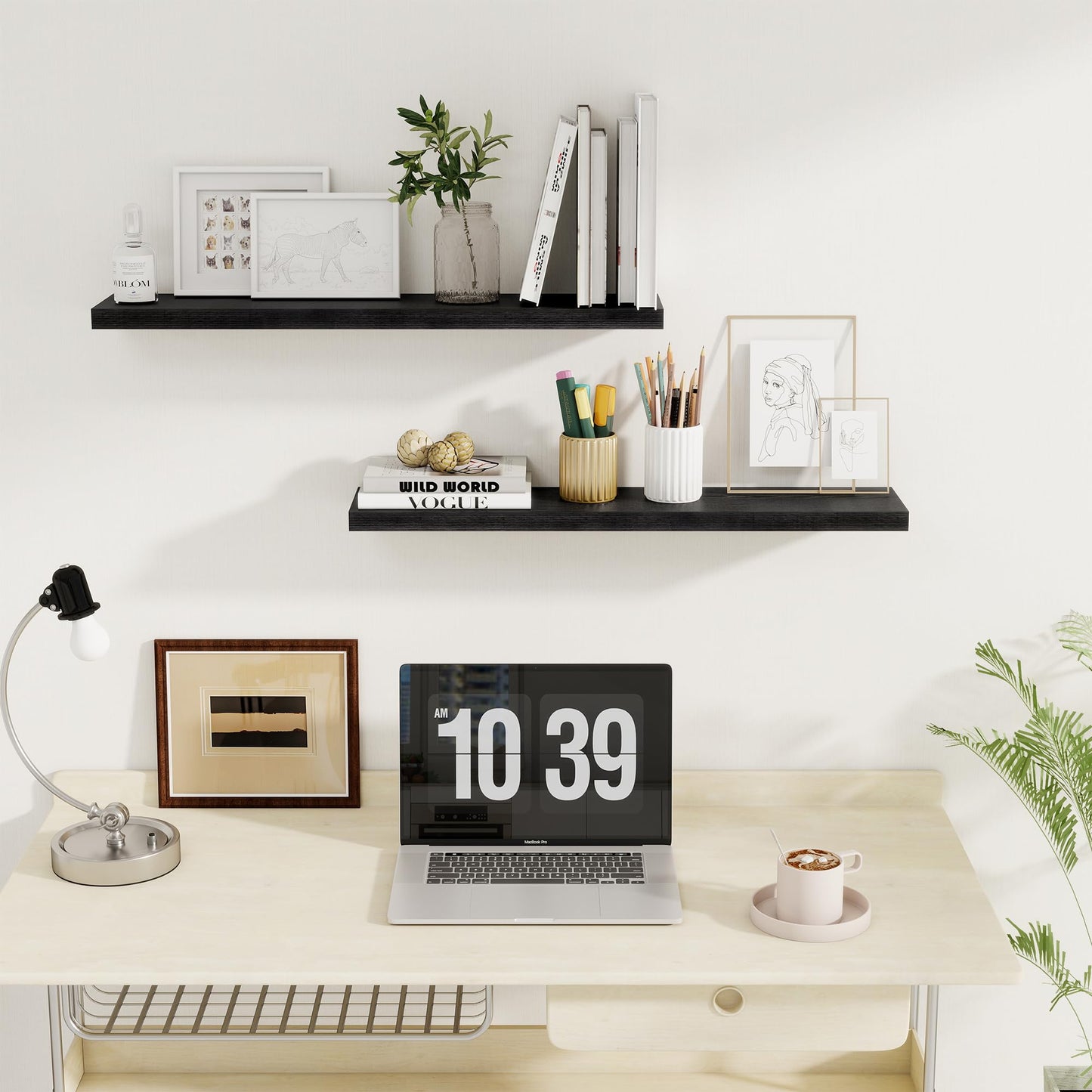 Fun Memories 32Inch Floating Shelves for Wall 2 Pack Wood Shelves for Kitchen, Bathroom, Bedroom Wall Mounted Rustic Wood Floating Shelf with Invisible Brackets for Books, Storage, Decor, Black