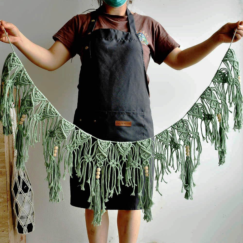 Macravine Macrame Wall Hanging Garland, Green and Cream, Bohemian Style with Wooden Beads, Handwoven Cotton Fringe Banner,44“X12.8” (Green)