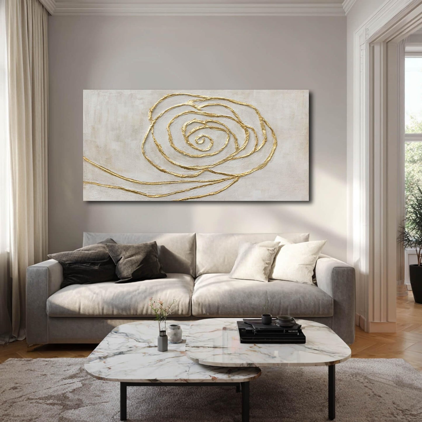 XIANSHOU Textured Wall Art Pictures Line Wall Paintings Beige and Gold Wall Decor for Walls 24"x48" Artwork for Bedroom Office Decorations