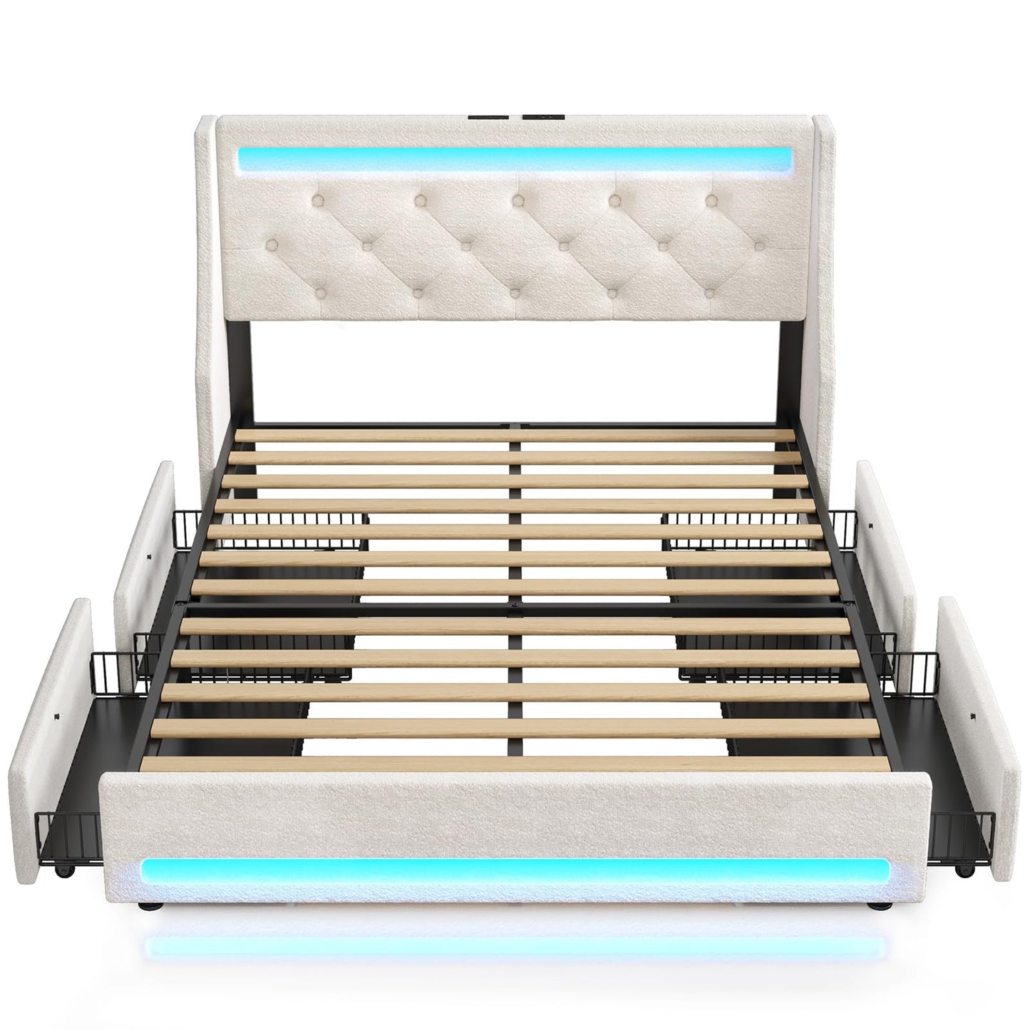 Rolanstar Queen Bed Frame with LED Lights and Charging Station, Upholstered Bed with Drawers, Wooden Slats, Noise Free, Easy Assembly, Beige