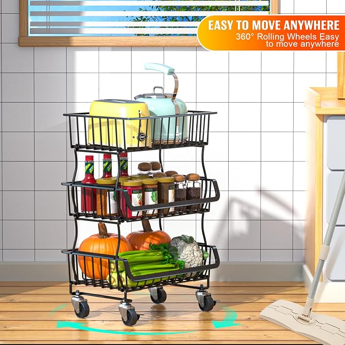 Gsiekare 3-Tier Rolling Pantry Organizer and Storage Cart with Wheels – Stackable Wire Snack Cart for Kitchen, Pantry Shelves and Storage Rack for Fruit, Vegetables, Onion, Potato (1 Pack)