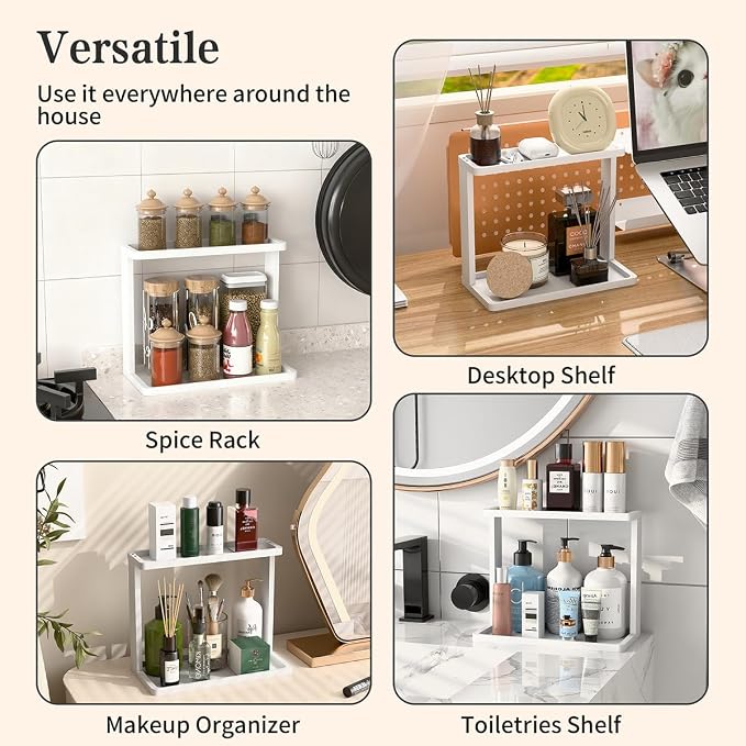 PEKER Bamboo Bathroom Organizer Countertop โ Small Vanity Storage Shelf for Makeup, Perfume, Skincare โ Natural Cosmetics Display Rack for Dresser, Sink, Kitchen โWhite