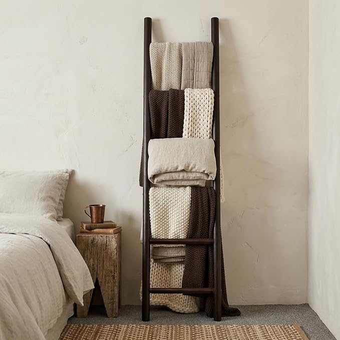 Wooden Blanket Ladder - 76in Natural Wood Color- Leaning Wall Decor for Bedroom, Bathroom, Living Room - Rustic Quilt Holder (Dark Walnut, 76in | Knock Down)