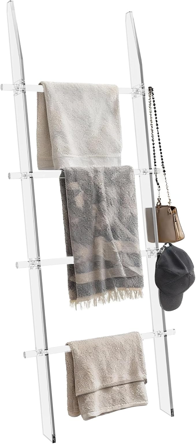MESAILUP Blanket Ladder 5.6FT for Bathroom, 4 Tier Modern Decor Waterproof Blanket Holder for Living Room and Bedroom, Easy Assembly Clear Acrylic Ladder Shelf, Leaning Quilt Rack with Anti Slip Pads