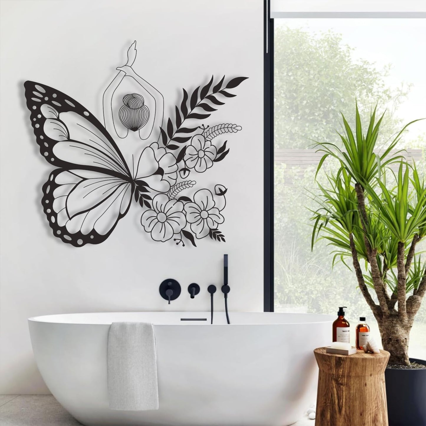 Cadeali Butterfly Woman Metal Wall Art, Flower Butterfly Wall Decor, Minimalist Line Art, Flowers Decorations, Home Living Room Decor, Gifts for Her (19 x 17 inch | 47 x 43 cm, (White)
