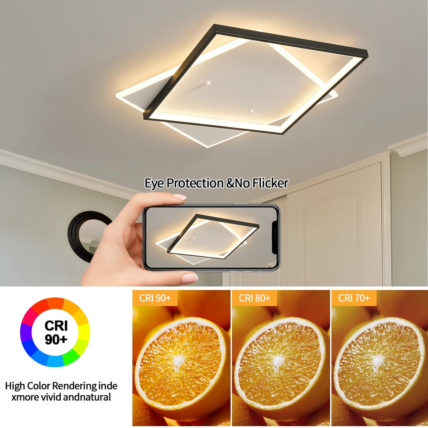 Shine LUEST Black Modern LED Bedroom Ceiling Light Dimmable Flush Mount Ceiling Light Fixture 22" Square Ceiling Lamp with Remote Control Kitchen Lighting Fixture Ceiling,Suitable for Bedroom,Hallways