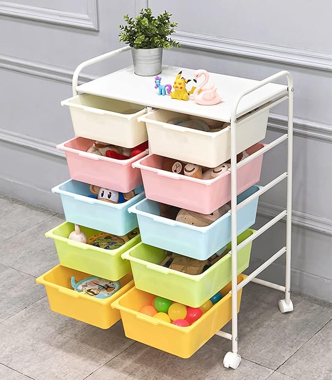 Ytaoka 10 Drawers Rolling Storage Cart, Plastic Drawer Cart with Metal Frame, Multipurpose Art Craft Cart Organizer with Wheels, Utility Cart with Drawers for Home, Office, School, Multicolor