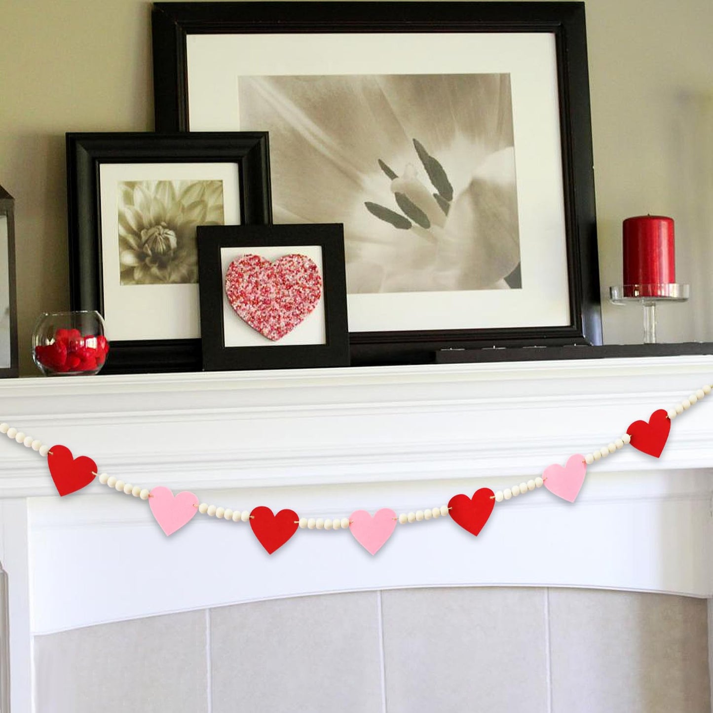 4.2 FT Felt Heart Wooden Beads Garland Valentine's Day Hanging Decorations, Romantic Beaded Tiered Tray Decor, Rustic Farmhouse Banner for Love Celebration, Shelf Display, Fireplace, Wall Decor