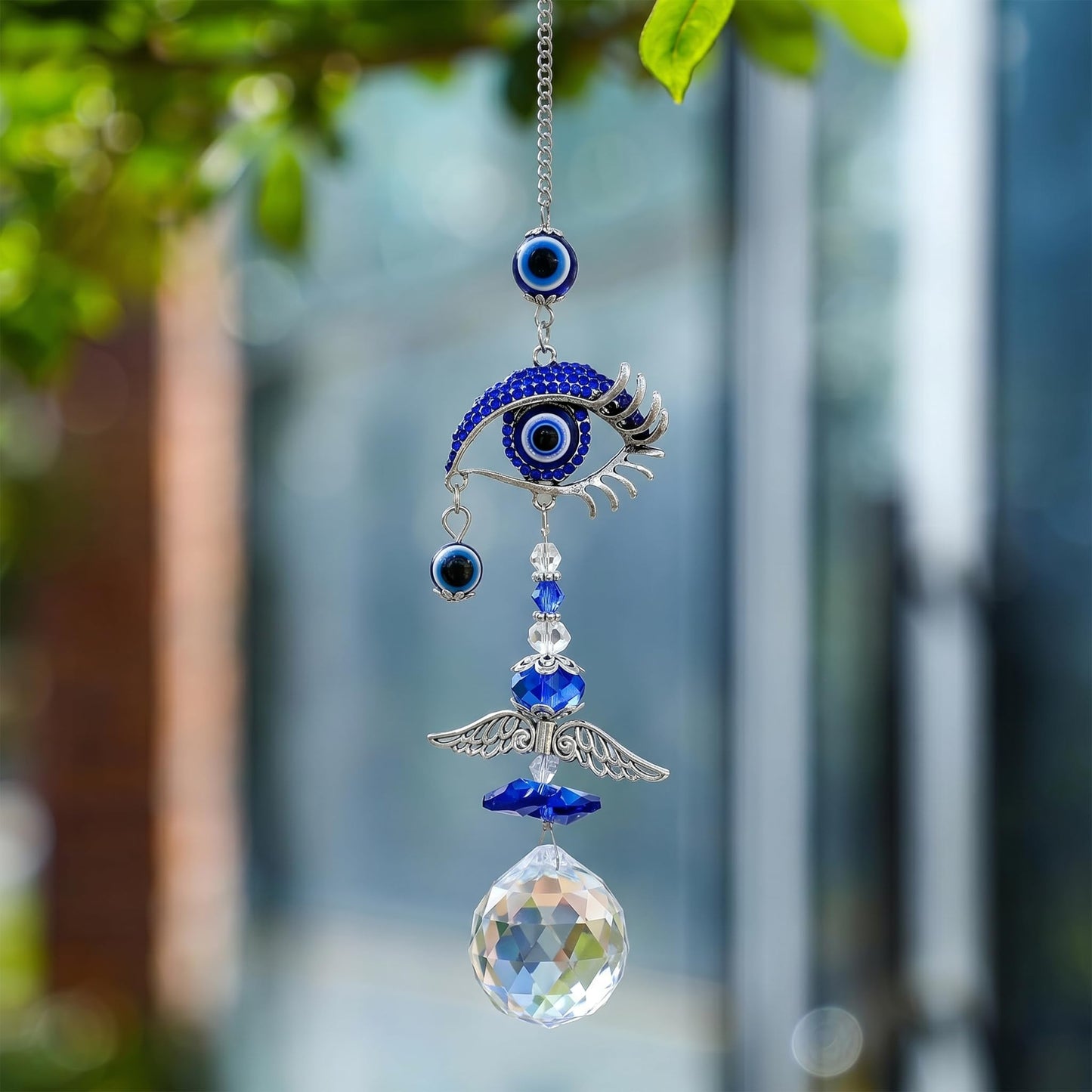 Crystal Suncatcher for Windows - Hanging Prism Sun Catchers with Crystal Balls&Blue Eye, Rainbow Maker for Home、 Garden、Car Decor (Evil Eye)