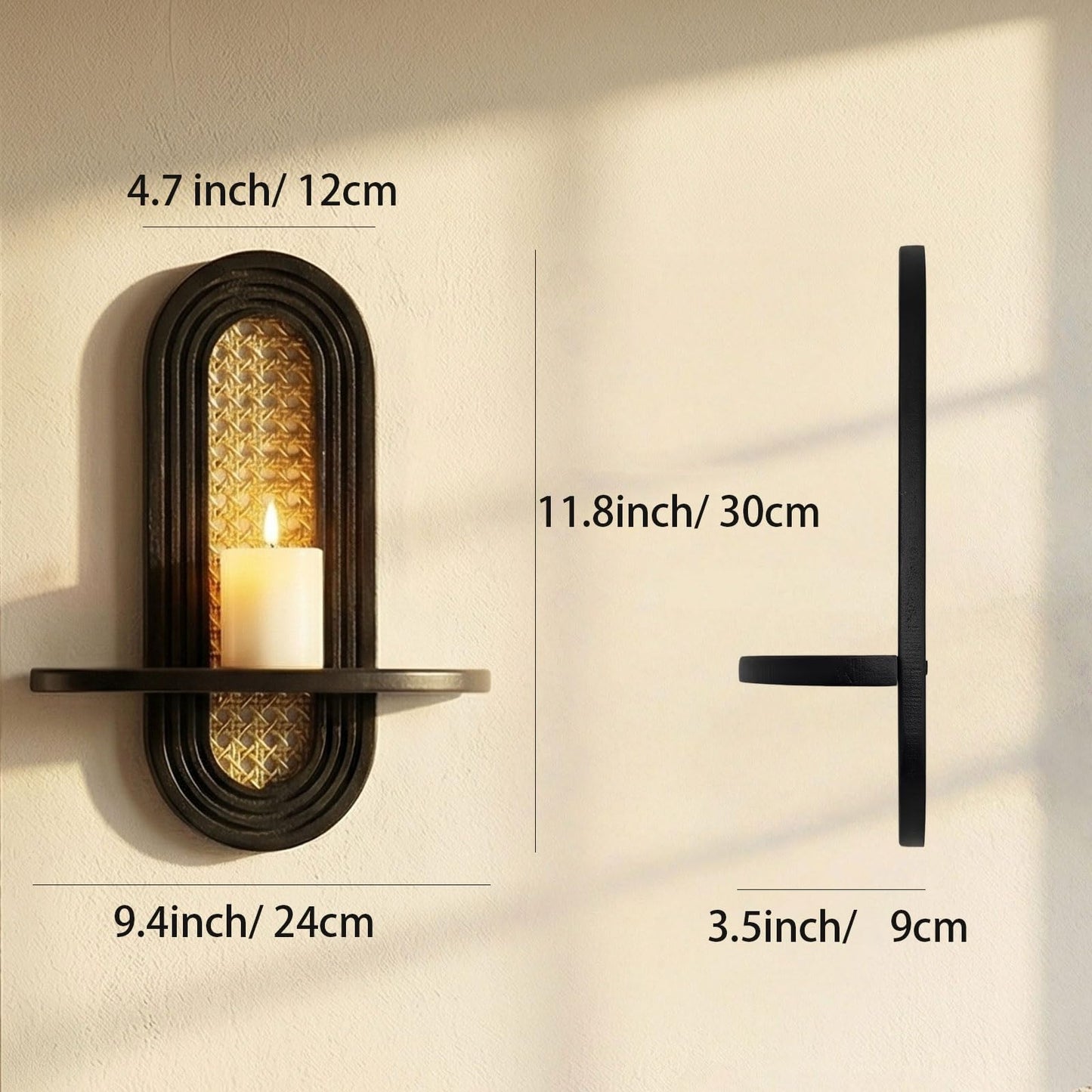 Wall Candle Holder Sconce, Set of 2 Wooden Wall Mounted Candle Holder with Arched Shelf and Gold Metal Vine Detail, Decorative Wall Sconce for Pillar Candles, Living Room Bedroom Entryway Decor